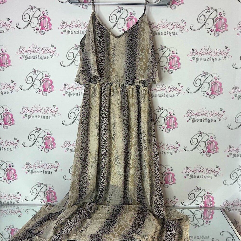 Denver Hayes Animal Print Maxi Dress pink purple cheetah print beige flowy